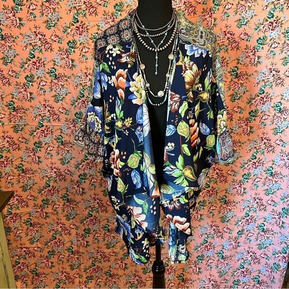 Umgee Navy Blue Red Green Floral Paisley Ruffle Open Front Kimono duster Blouse - Picture 1 of 11